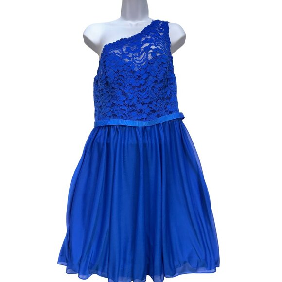 Davids Bridal One Shoulder Cocktail Dress Womens Size 10 Blue Lace Chiffon Party - Picture 2 of 10